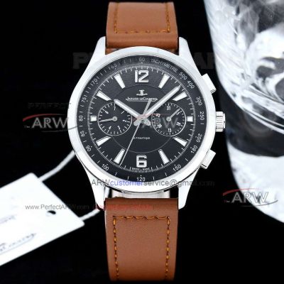 Swiss Clone Jaeger-Lecoultre Polaris Brown Leather Strap Men's Watch Black Face